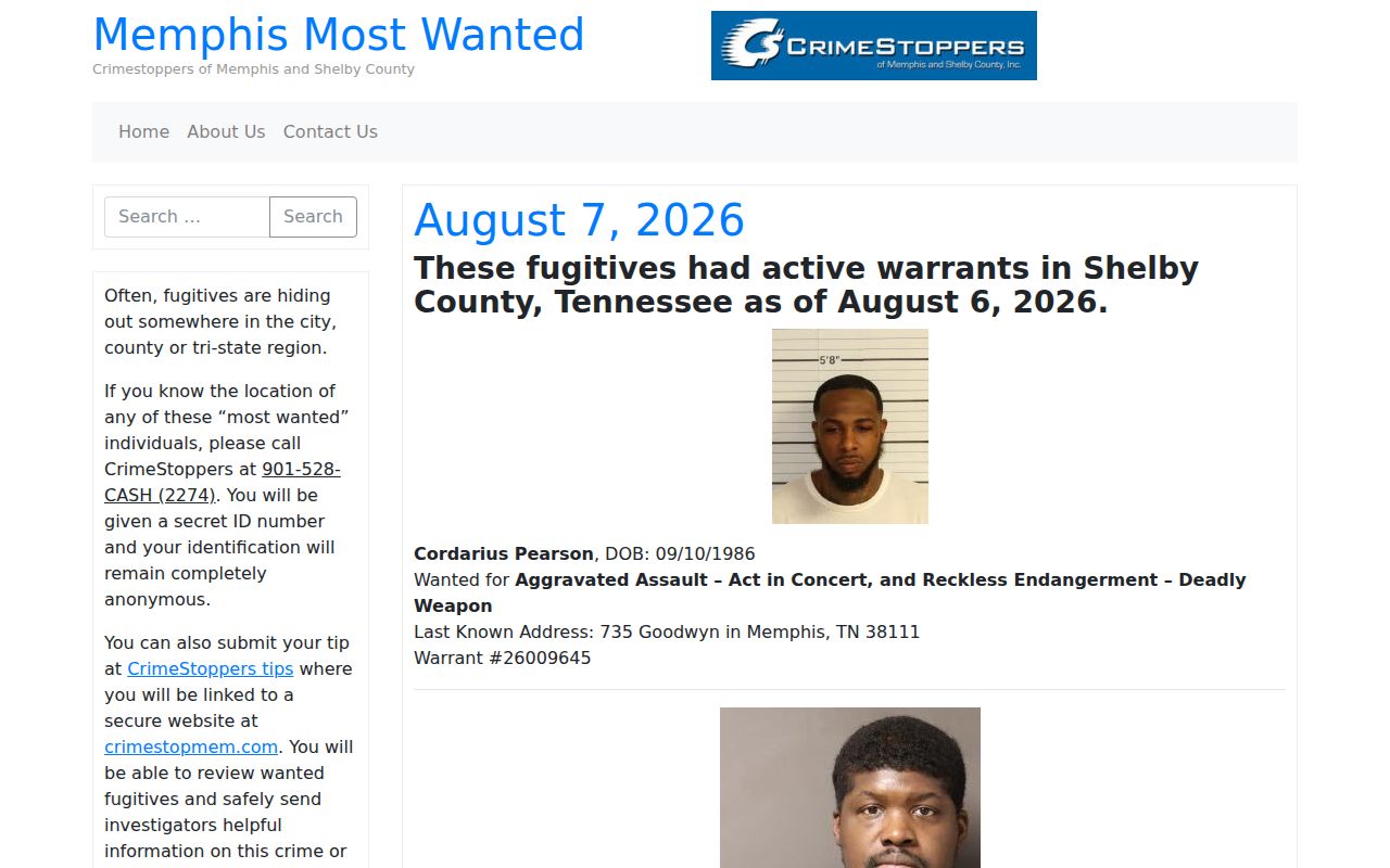 Shelby County Most Wanted program landing page and tip instructions