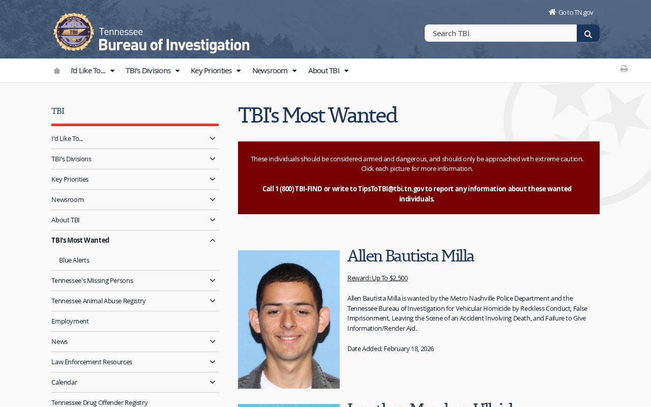 Shelby County most wanted reference with Tennessee TBI curated list link