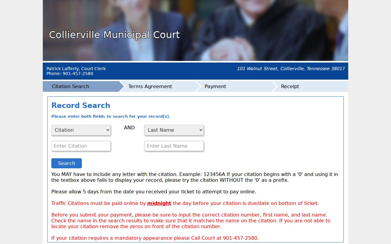 Shelby County Collierville warrant citation lookup fields and required last name