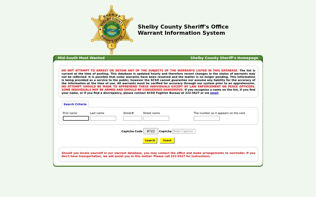 Shelby County warrant search form with name, street, and card number fields